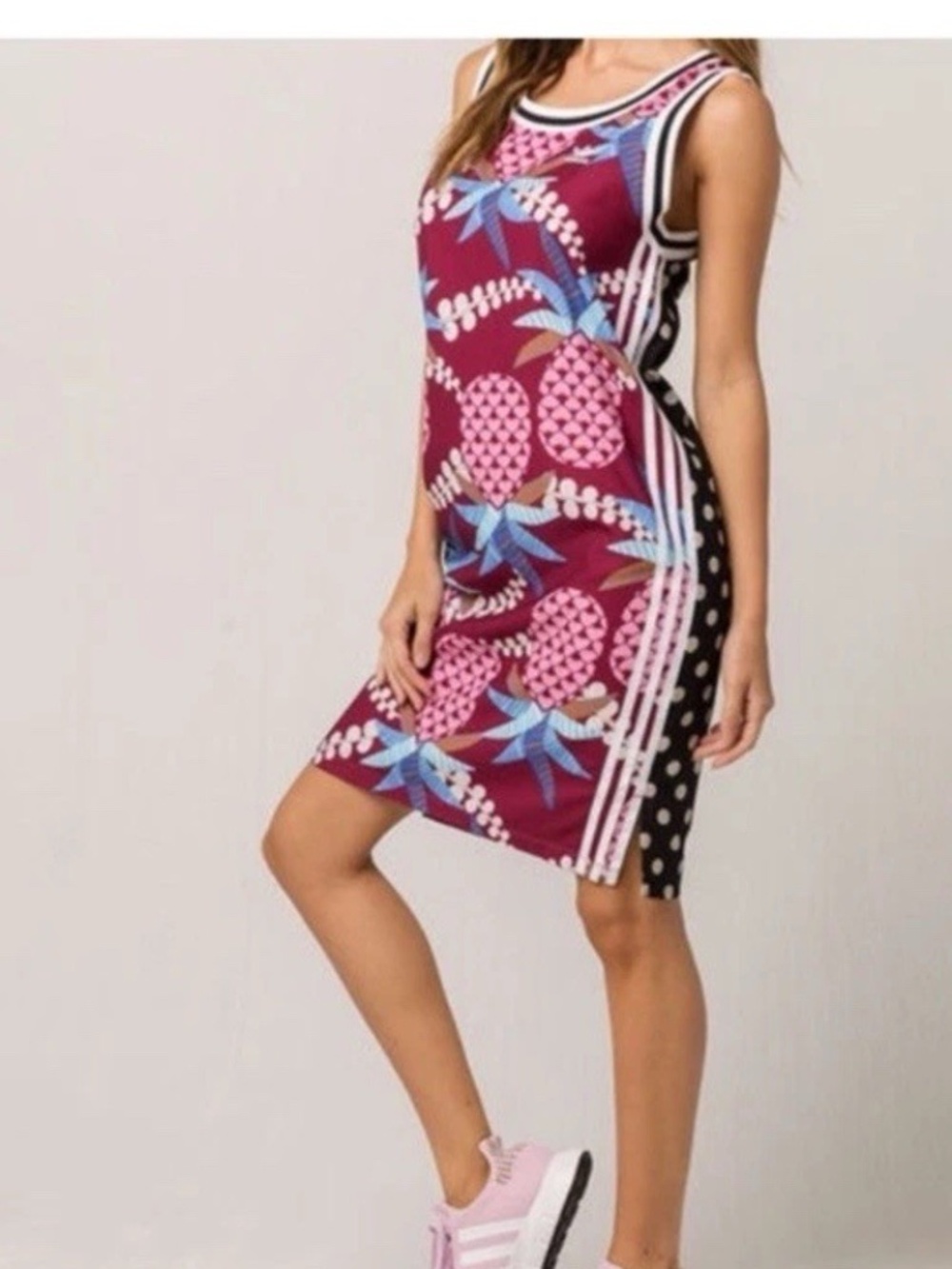 adidas Originals Burgundy & Pink Tropical Pineapple Midi Dress